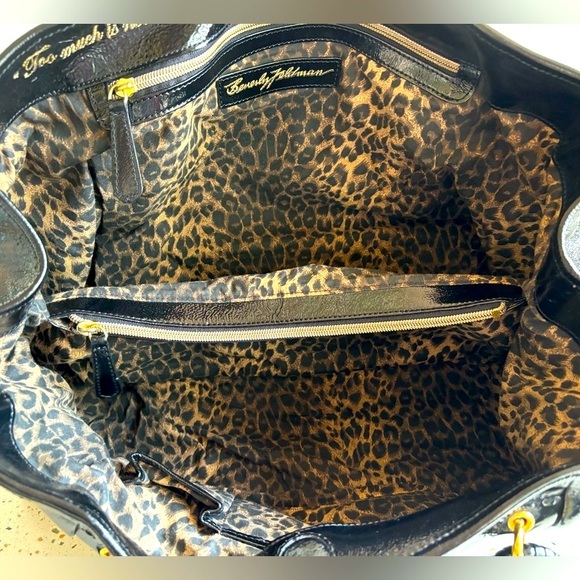 Beverly Feldman Black Patent Leather Large Handbag with Animal Print Interior‎ - Picture 2 of 15